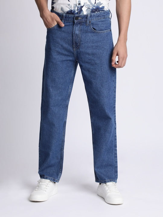 Flikky Relaxed Fit Jeans for Men – Mid Blue Straight Leg Casual Denim Pants